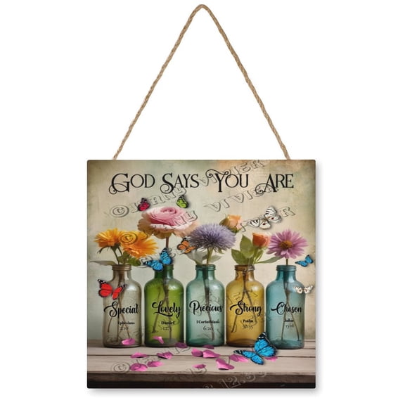 Flower Bottle Decor Wood Hanging Sign Square Wall Decor for Girls Dorm,Spring Flower Wall Art Ready to Hang for Office Living Room Home Decorations 12"x12"