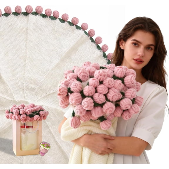 Flower Bouquet Blanket, Crochet Flowers Throw Blanket, 40" Handmade Knitted Blanket with Rose, Romantic Valentine's Day Gift for Her Girlfriend Mom Mother's Day Birthday Wedding Anniversary