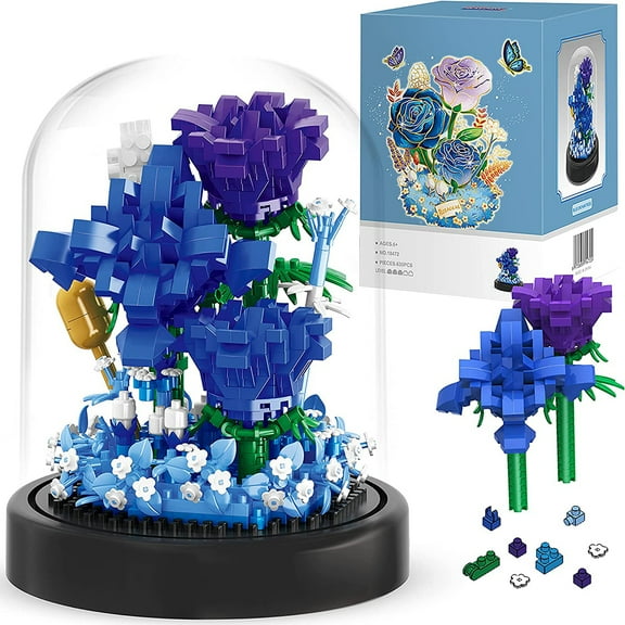 Flower Bouquet Building Blocks Set, Blue Enchantress Blocks with Dust Cover Home Decor, Mom Gifts, Girlfriend Lover Wife Gifts