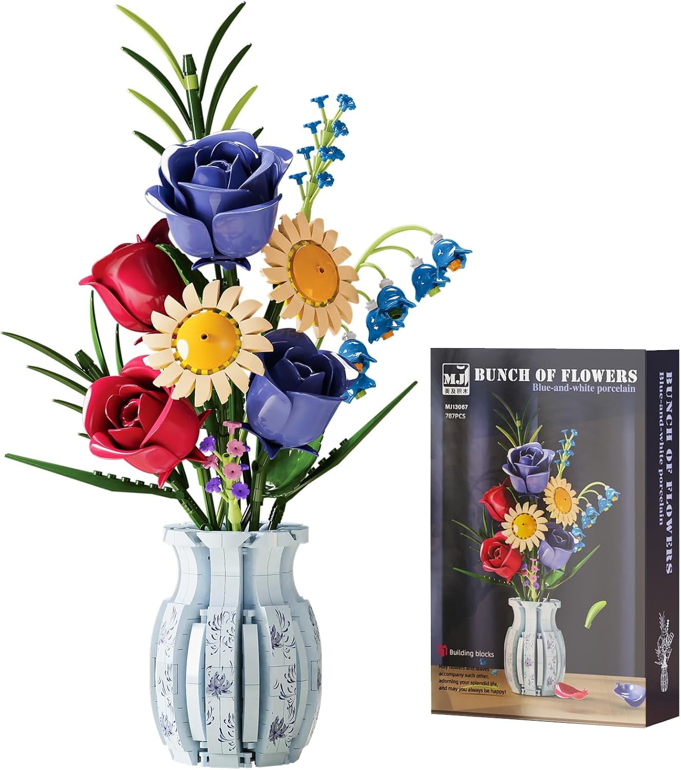 Flower Bouquet Building Set,787 Pcs Artificial Flower Kit with Vase,Plant Bonsai Tree Building Blocks,Valentine's Birthday Botanical Collection Gift for Women Girls Adults Friends Age 6+