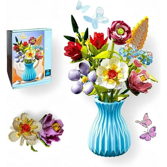 Flower Bouquet Building Set with Vase, Artificial Flowers, Flower Building Blocks Kit Decoration Home, 730 Pcs Botanical Collection for Ages 6+ & Adults Gift for Birthday Mother's Day Easter
