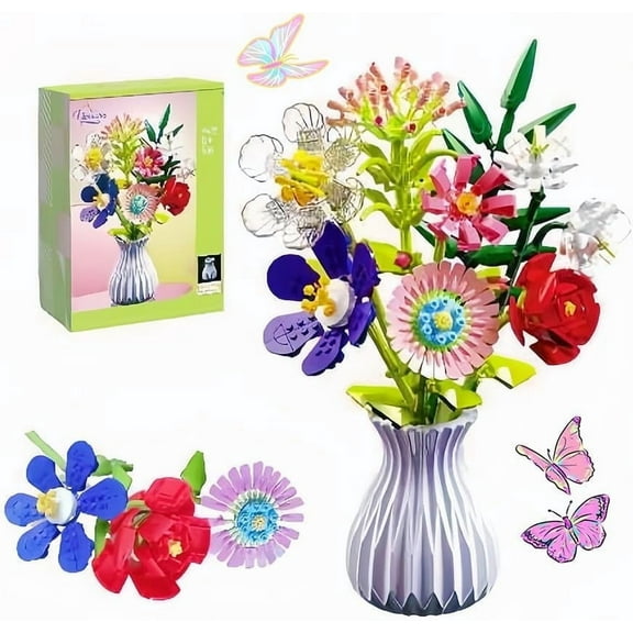 Flower Bouquet Building Set with Vase, Artificial Flowers, Flower Building Blocks Kit Decoration Home, 730 Pcs Botanical Collection for Ages 6+ & Adults Gift for Birthday Mother's Day Easter