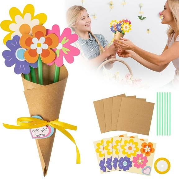 Flower Bouquet Craft Kit - 24Pcs Mother's Day Flower Bouquet Craft for Kids Make Your Own Bunch of Flowers Teacher Appreciation Week DIY Thankful Gift Set School Classroom Home Fun Activities