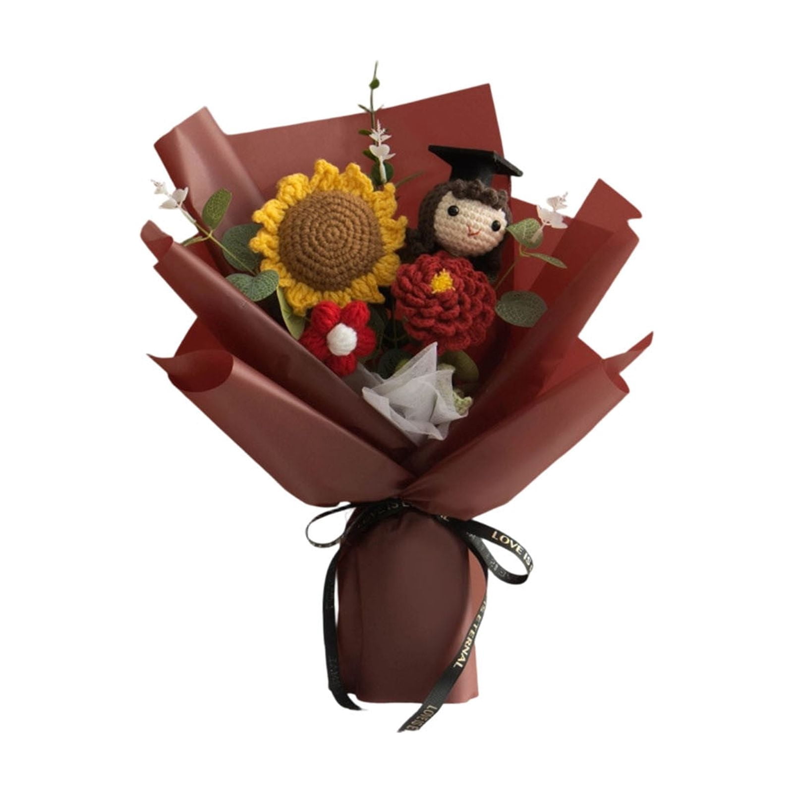 Flower Bouquet Gift | Knitted Sunflower Graduation Hat Bouquet for Grads | Handcrafted Crochet Floral Arrangement | Keepsake Gift and Party Decoration