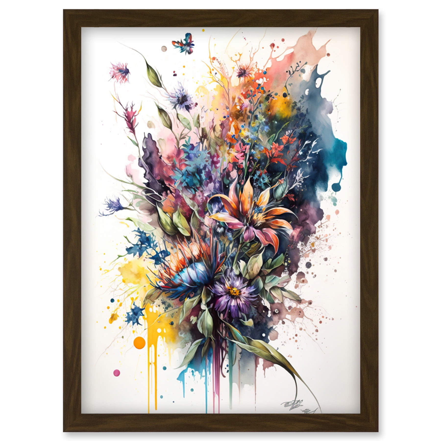 Flower Bouquet Illustration over Watercolour Splat Artwork Framed Wall ...