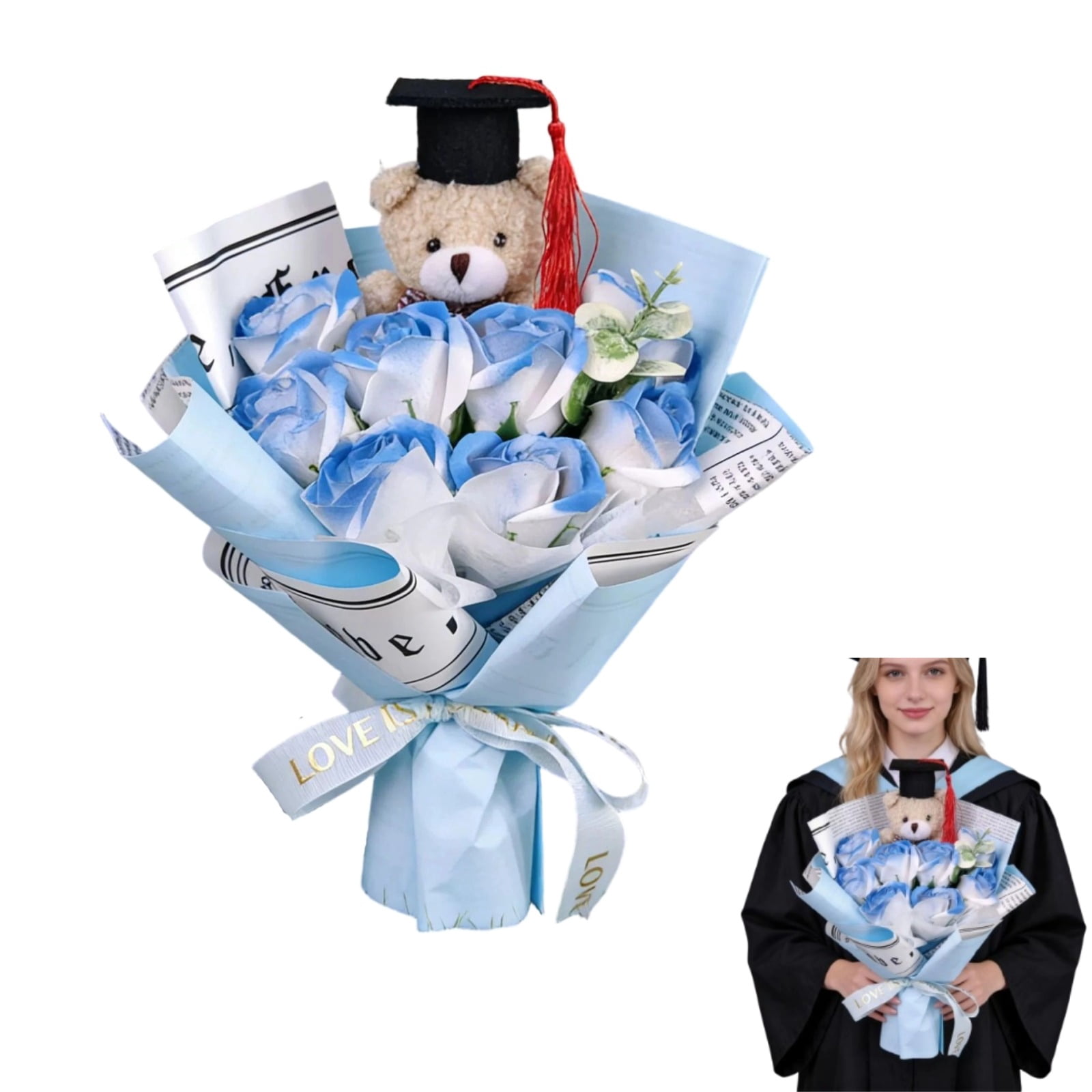 Flower Bouquet Kit for Graduation DIY Rose Arrangement 1 Bear, Floral Foam, Wrapping Paper, Class of 2026 Graduation Gift