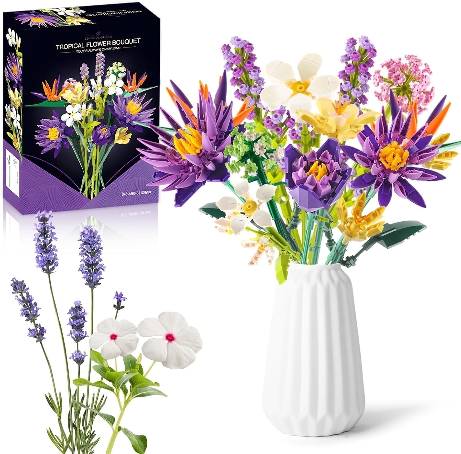 Flower Bouquet Set, 891PCS Bird of Paradise & Water Lily Block Set Compatible with Lego, Mother's Day & Valentine's Day Gift for Adults Kids Age 8+, No Vase
