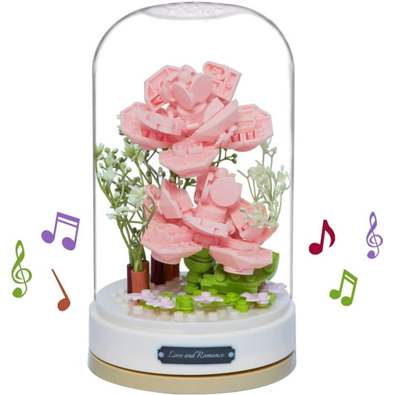 Flower Bouquet Set Rotating Music Box DIY Friends Set Botanical Collection Flowers Bonsai Tree Building Blocks Valentine's Anniversaries New Year Birthday Gift for Women Friends(Pink Rose)