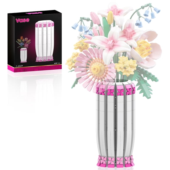 Flower Bouquet Vase Lego-Compatible Building Blocks Set, 503Pcs Botanical Display Vase Women's Gift