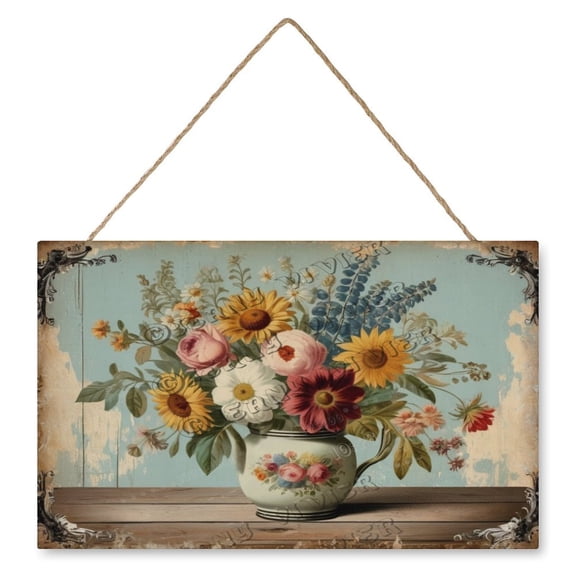 Flower Bouquet Wooden Hanging Sign Rustic Wall Art 10"x16" Wall Hanging Plaque Sign Vintage Wooden Wall Signs for Office Bedroom Living Room Housewarming Gift