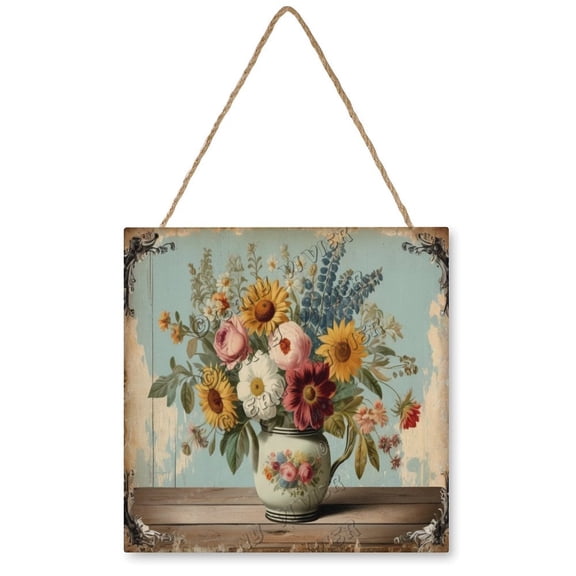Flower Bouquet Wooden Hanging Signs For Home Decor 12"x12" Square Rustic Wall Hanging Plaque Sign Vintage Wooden Wall Signs for Office Bedroom Living Room Housewarming Gift
