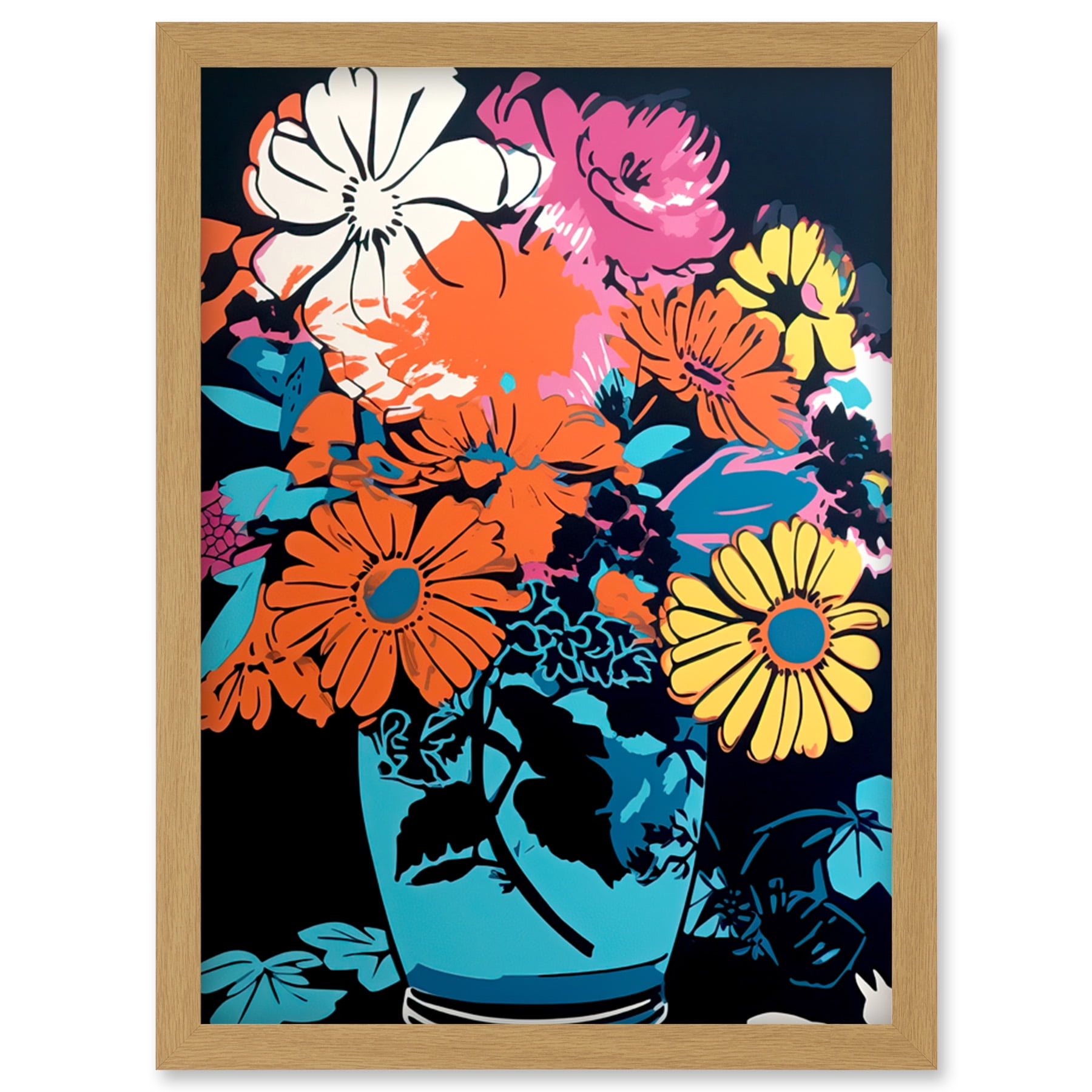 Flower Bouquet in Vase Linocut Aesthetic Wall Print Floral Orange Pink Framed Art Blue Yellow Artwork A4 Preppy