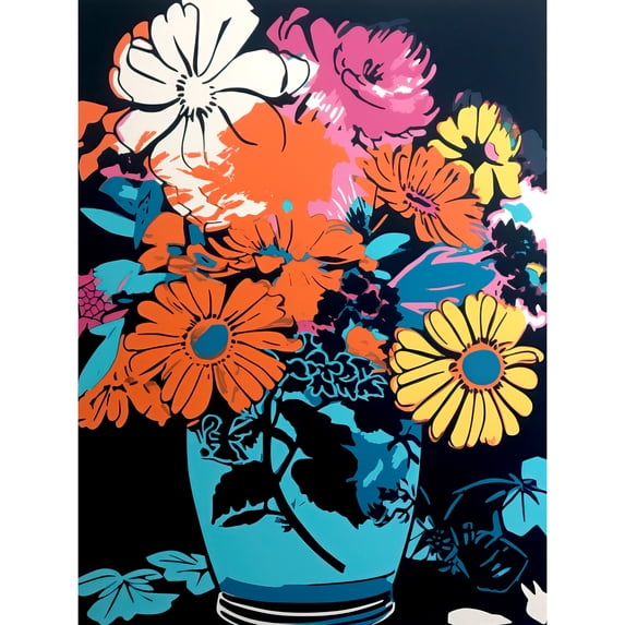 Flower Bouquet in Vase Linocut Orange Yellow Blue Pink Floral Preppy Aesthetic Large Wall Art Poster Print Thick Paper 18X24 Inch