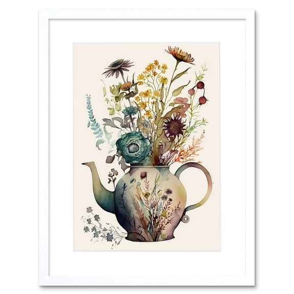 Flower Bouquet in a Floral Pattern Ceramic Teapot Artwork Framed Wall Art Print 9X7 Inch