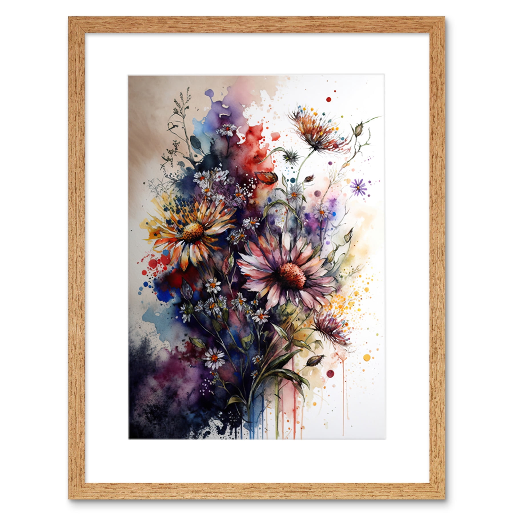 Flower Bouquet over Watercolour Splat Illustration Artwork Framed Wall ...