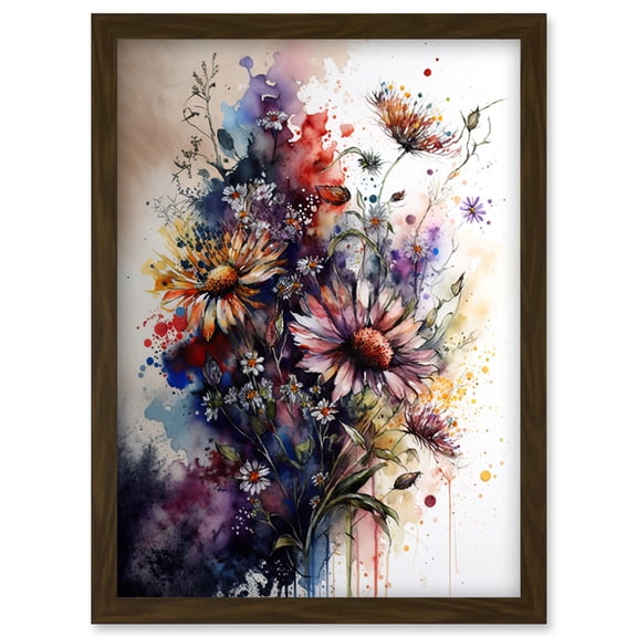 Flower Bouquet over Watercolour Splat Illustration Artwork Framed Wall Art Print A4