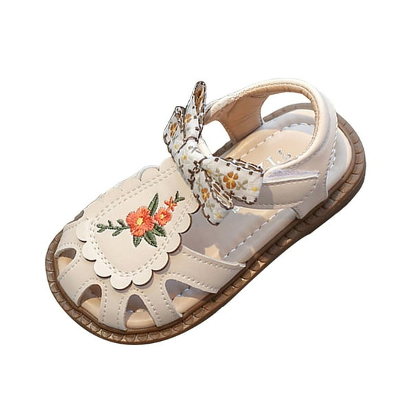 Flower Bow Dress Sandals for Toddler Girls Summer Closed Toe Soft Soles Princess Walking Flat Shoes White