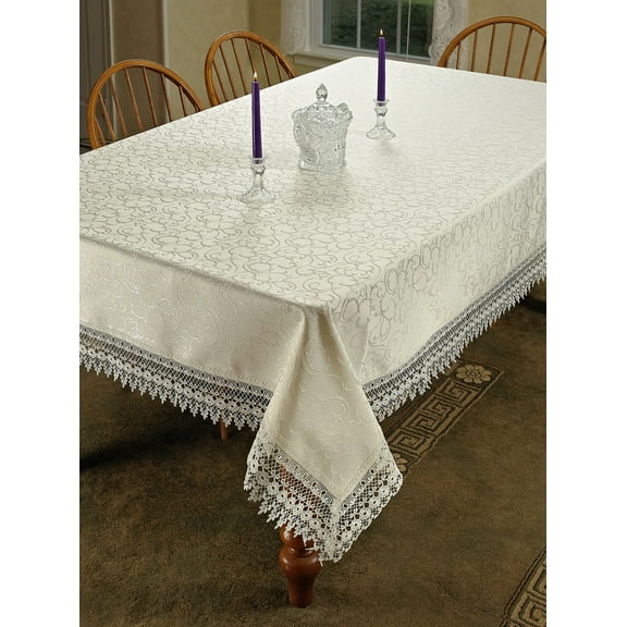 Flower Bow Vintage Lace Design Table Cloths, 54" X 72", Rectangular, Beige