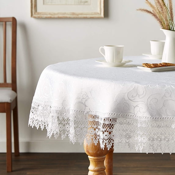 Flower Bow Vintage Lace Design Table Cloths, 70" Round, White