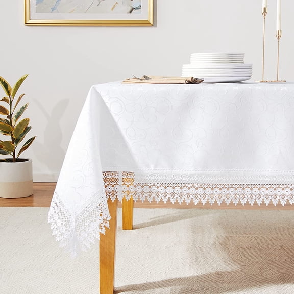 Flower Bow Vintage Lace Design Table Cloths, 70" X 108", Rectangular, White