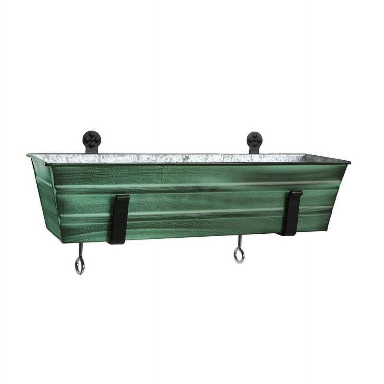Small Green Patina Galvanized Steel Flower Box with Black Wrought Iron Brackets