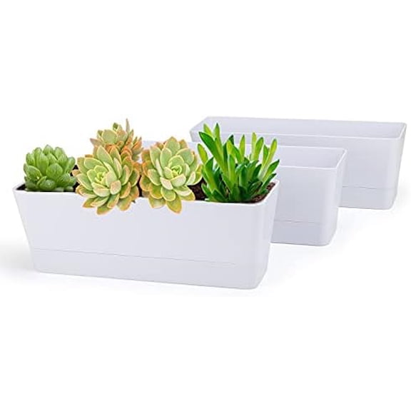 Flower Boxes, 3 Pack 12x3.8 Inch Rectangle Window Boxes, Herb Planters with Tray, Indoor Succulent Cactus Flowers Plastic Drawable Pot for Windowsill, Garden, Balcony, Office Outdoor (White)