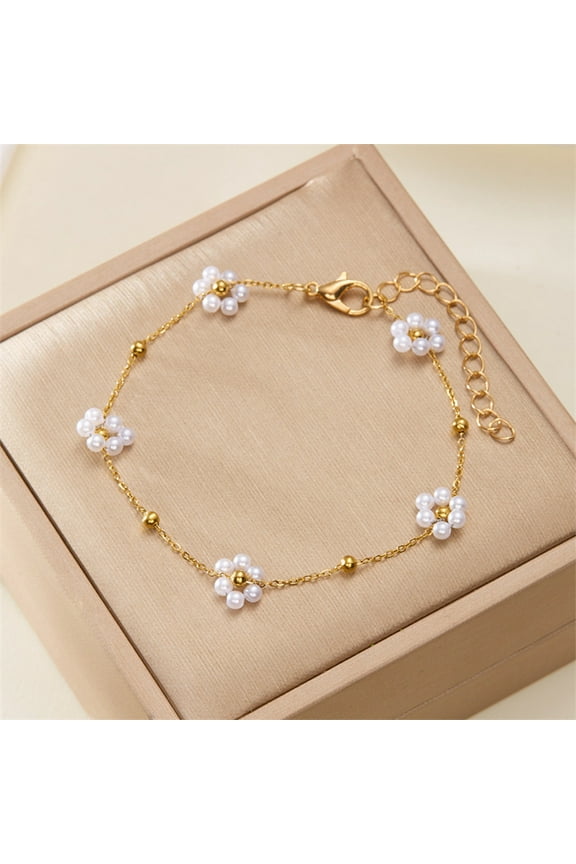 Flower Bracelet for Women, Titanium Steel Pearl Daisy Bracelet Dainty Gold Adjustable Link Chain Pearl Simple Bracelet Jewelry Gift for Women as Prom Accessories Anniversary