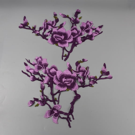 Flower Branch Pattern Polyester Fabrics Computerized Embroidery Cloth Sew on Appliques Costume Cheongsam Accessories Purple 270-310x450-460x1mm 2pcs