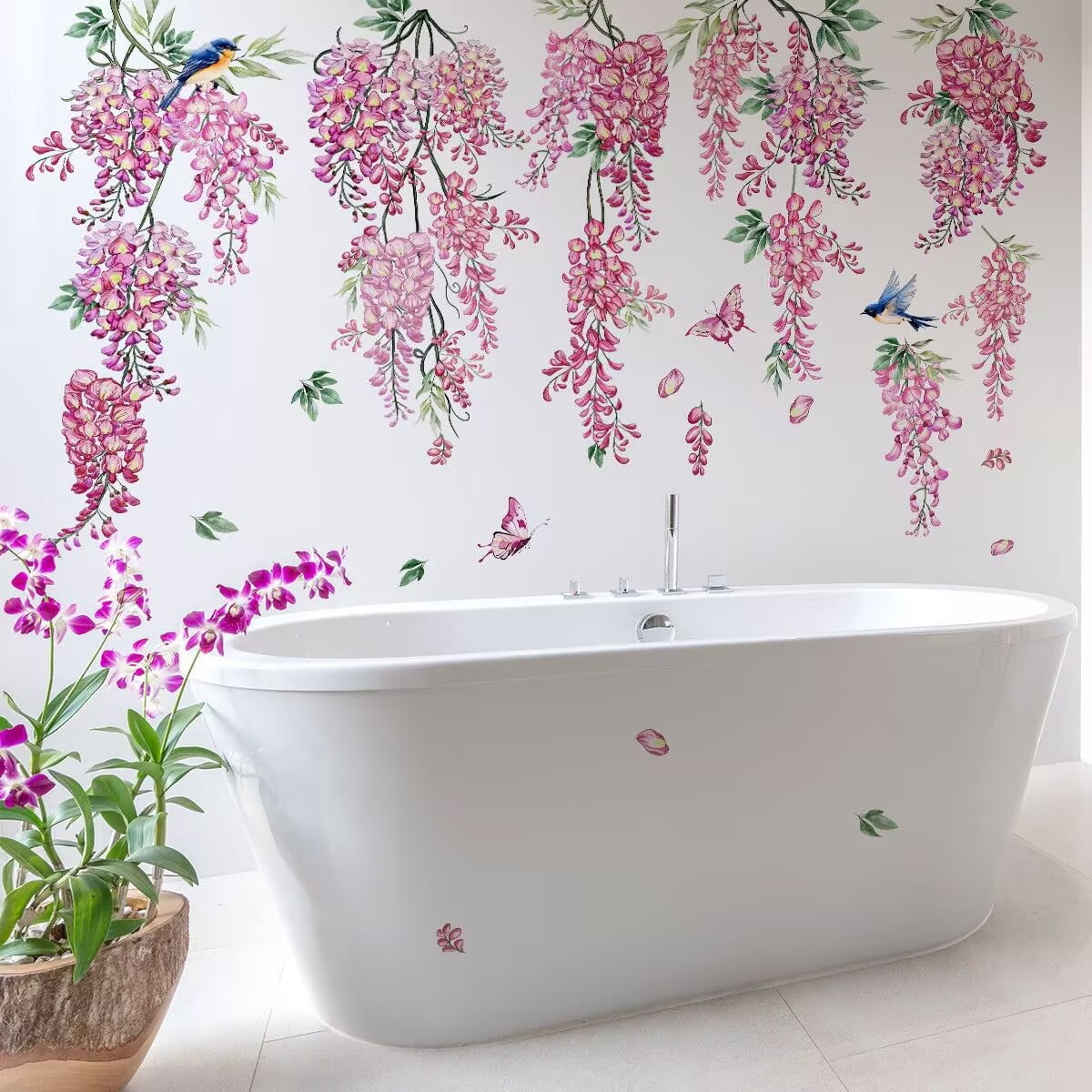 Flower Branch Wall Stickers Pink Blossom Floral Birds Wall Decals Kids ...