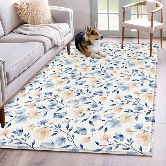 Flower Branches Area Rugs 3x5 ft Watercolor Blue Yellow Floral Butterfly Farmhouse Washable Rug Non Slip Indoor Carpet Absorbent Floor Mat for Living Room Bedroom Dining Room