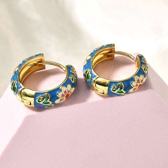 Flower Brass Enamel Hoop Earrings Cadmium Free & Lead Free Long-Lasting Plated Golden 7x22mm