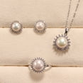 thumbnail image 1 of Flower Brass Micro Pave Clear Cubic Zirconia with Natural Freshwater Pearl Pendant Necklace & Stud Earrings & Finger Ring with 925 Sterling Silver Pin Real 14K golden Plated 400mm, 1 of 4
