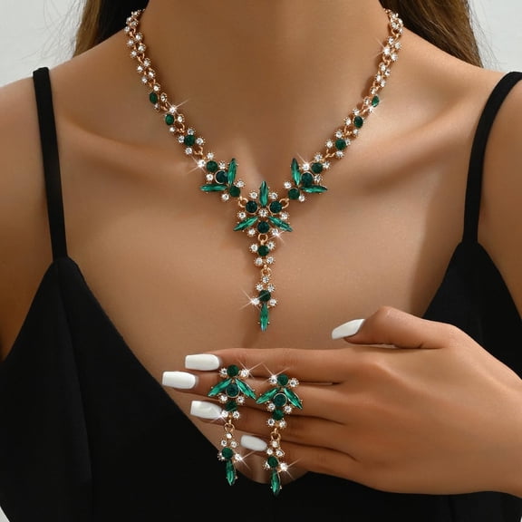 Flower Brass Rhinestone Pendant Necklaces Stud Dangle Earrings Golden Emerald 420mm