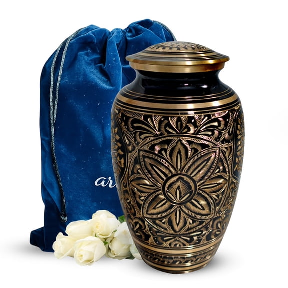 Flower Brass Urn for Ashes Adult Male, Decorative Urns for Human Ashes Adult Female, Black and Gold Cremation Urn for Adults, Brass Urns for Human Ash, (10" Large, Upto 200 Cubic Inches Capacity)
