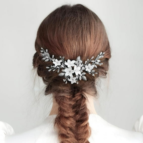 Flower Bridal Hair Combs Pearl Crystal Bride Wedding Hair Accessories Rhinestone Hair Piece Headpieces for Bride Bridesmaid Wedding Women and Girls (S8735 Silver)