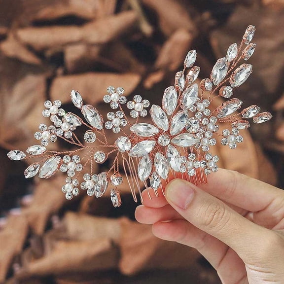 Flower Bride Wedding Hair Comb Crystal Bridal Hair Piece Pearl Hair Accessories for Women and Girls (Gold)