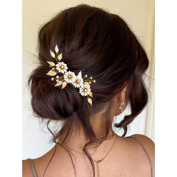 Flower Bride Wedding Hair Comb Leaf Bridal Hair Piece Rhinestone Hair Accessories for Women and Girls (Gold)