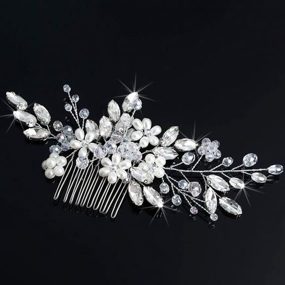 Flower Bride Wedding Hair Comb Rhinestone Pearl Bridal Hair Pieces Floal Wedding Headpiece for Brides Crystal Hair Accessories for Women and Girls (1-Silver)