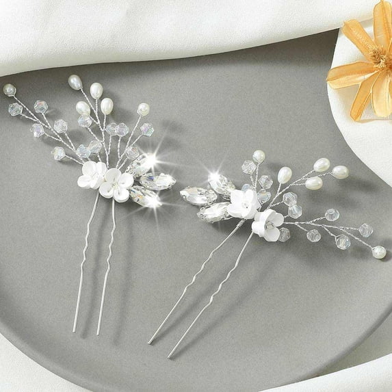 Flower Bride Wedding Hair Pins Silver Crystal Bridal Hair Piece Rhinestone Hair Accessories for Women and Girls (Pack of 2) (A-Silver)