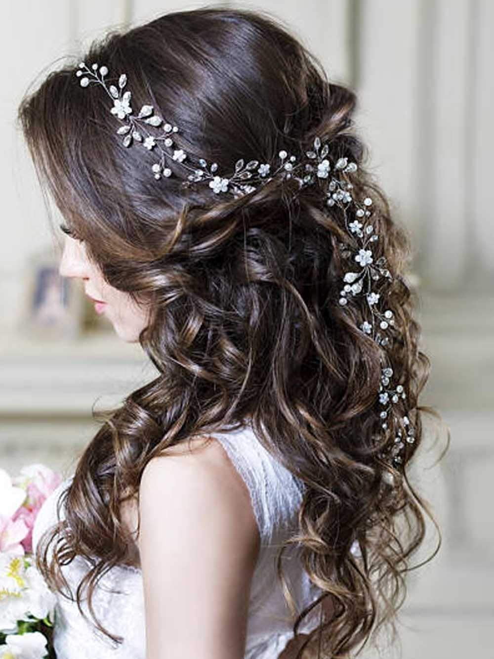 Bridal Pearl Crystal Floral Headband Wedding Hair Accessory for Women Silver Pearl & Crystal Bridal Headband, Side Wedding Headpiece  main image 3