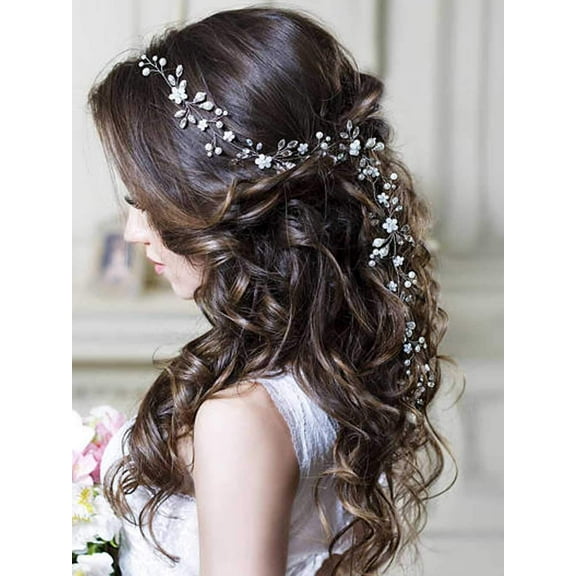 Flower Bride Wedding Hair Vine Crystal Bridal Headbands Flower Girls Headpiece Pearl Hair Accessories for Women and Girls (Silver)