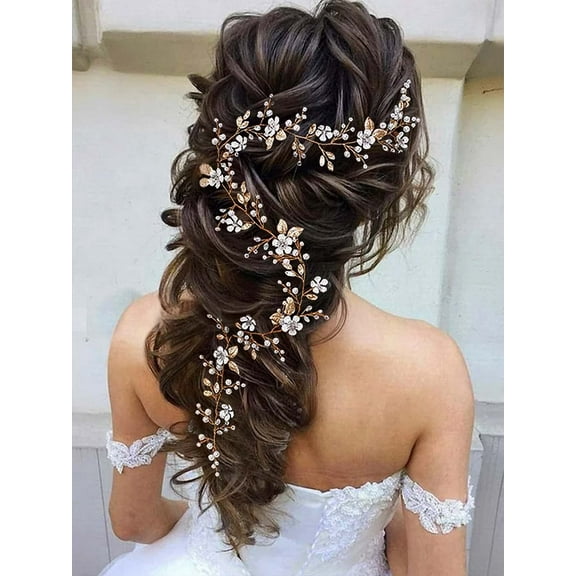 Flower Bride Wedding Hair Vine Gold Crystal Headband Pearl Hair Pieces Long Bridal Hair Accessories for Women and Girls