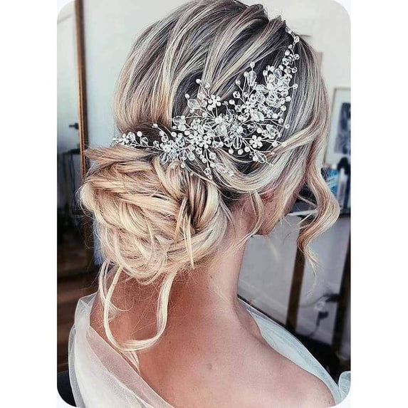 Flower Bride Wedding Headband Silver Crystal Pearl Hair Vine Braid Headpiece Bridal Hair Accessories for Women (Silver)