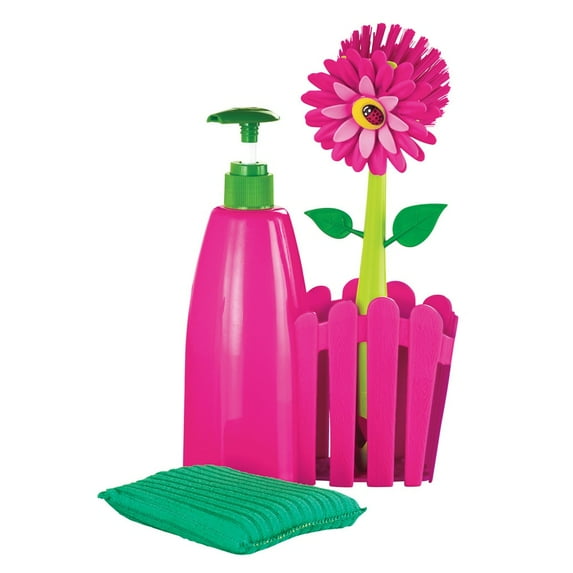 Flower Brush & Soap Dispenser Kitchen Set, Pink