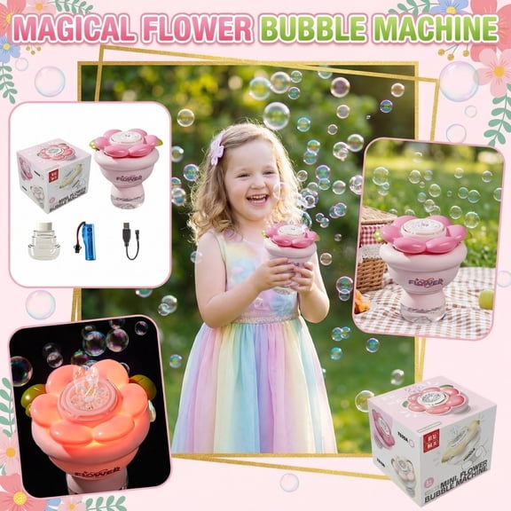 Flower Bubble Machine, USB Rechargeable Automatic Bubble Blower with LED Light Effect, Handheld Plastic Bubble Maker with 65ml Bubble Solution for Party Event (Pink)