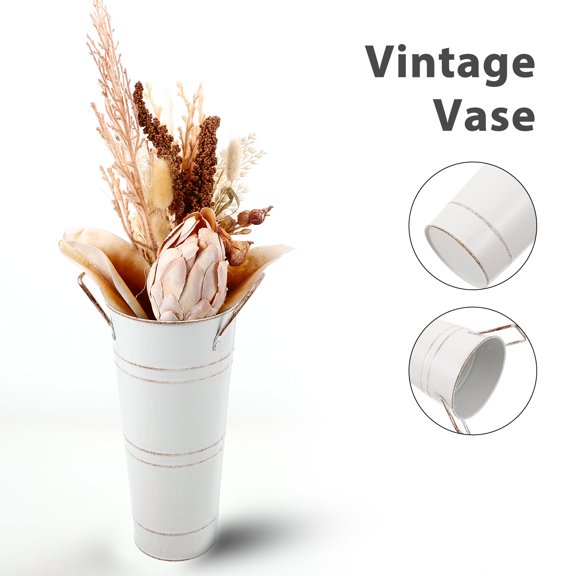 CIMAXIC White Rustic Flower Bucket with Dual Handles for Elegant Home and Interior Flower Decoration