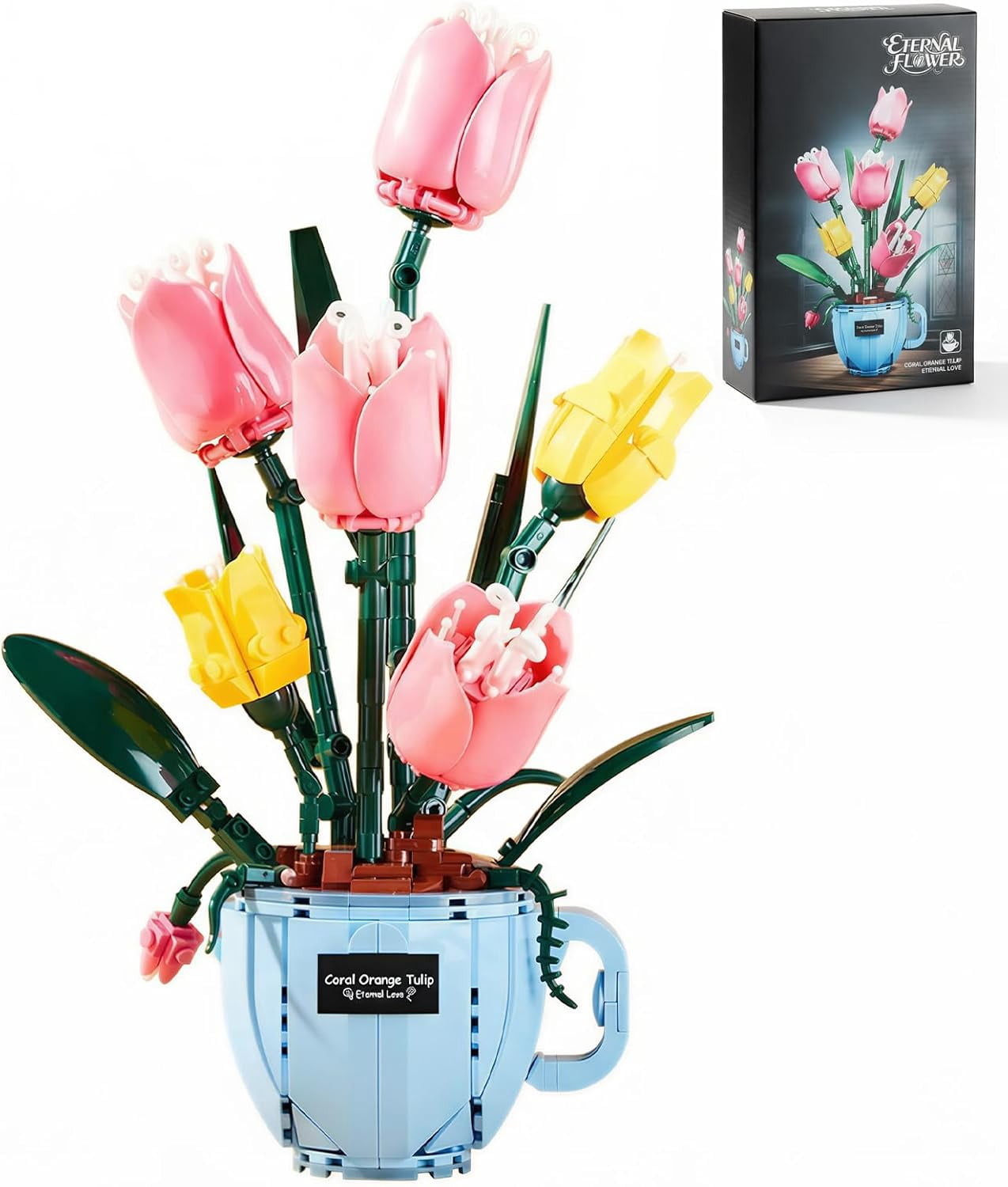 Flower Building Blocks Set with LED Light in Teacup Vase, Table ...
