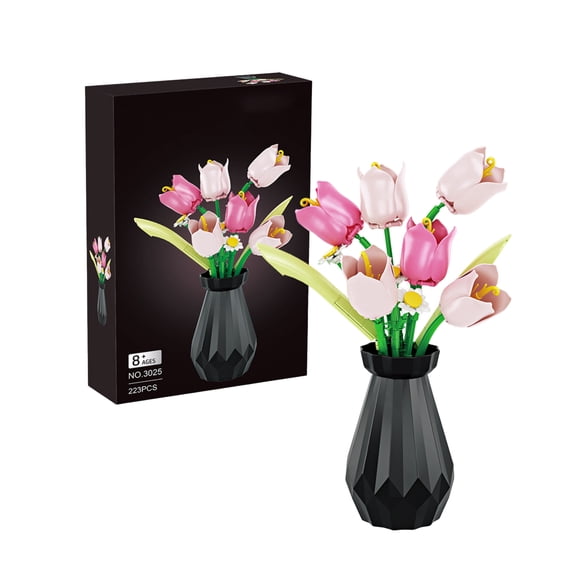Flower Building Set for Adults, Tulip Flower Bouquet botanicals Collection Unique Home Dcor or Office Dcor Great Gift for Her and Him (Flowers Tulip)