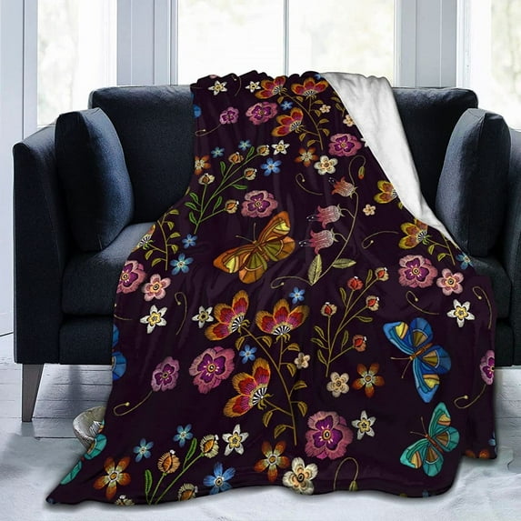 Flower and Butterflies Black Background Throw Blanket Ultra Soft Warm All Season Decorative Fleece Blankets for Bed Chair Car Sofa Couch Bedroom 60"X50"