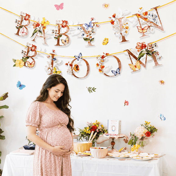 Varixoa Flower Butterfly Baby in Bloom Banner, Wildflower Butterflies Baby Shower Sign, Boho Floral Welcome Baby Garland Decor, Flowers Theme Paper Bunting for Mommy to Be Party